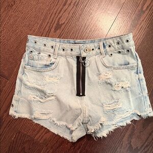 Zara Light Blue Distressed Denim Shorts with Front Ring-Zip
